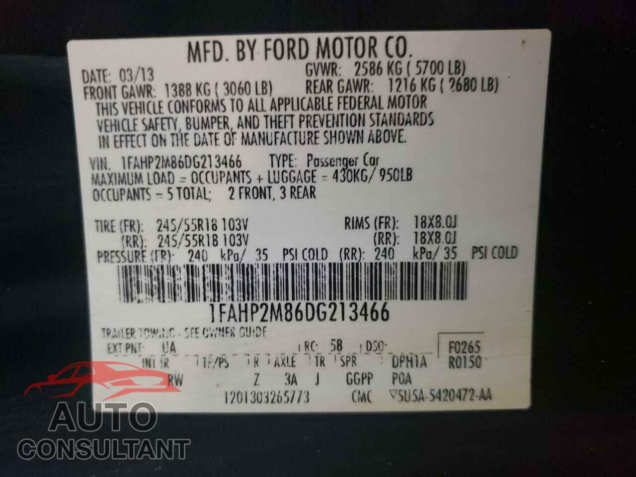 FORD TAURUS 2013 - 1FAHP2M86DG213466