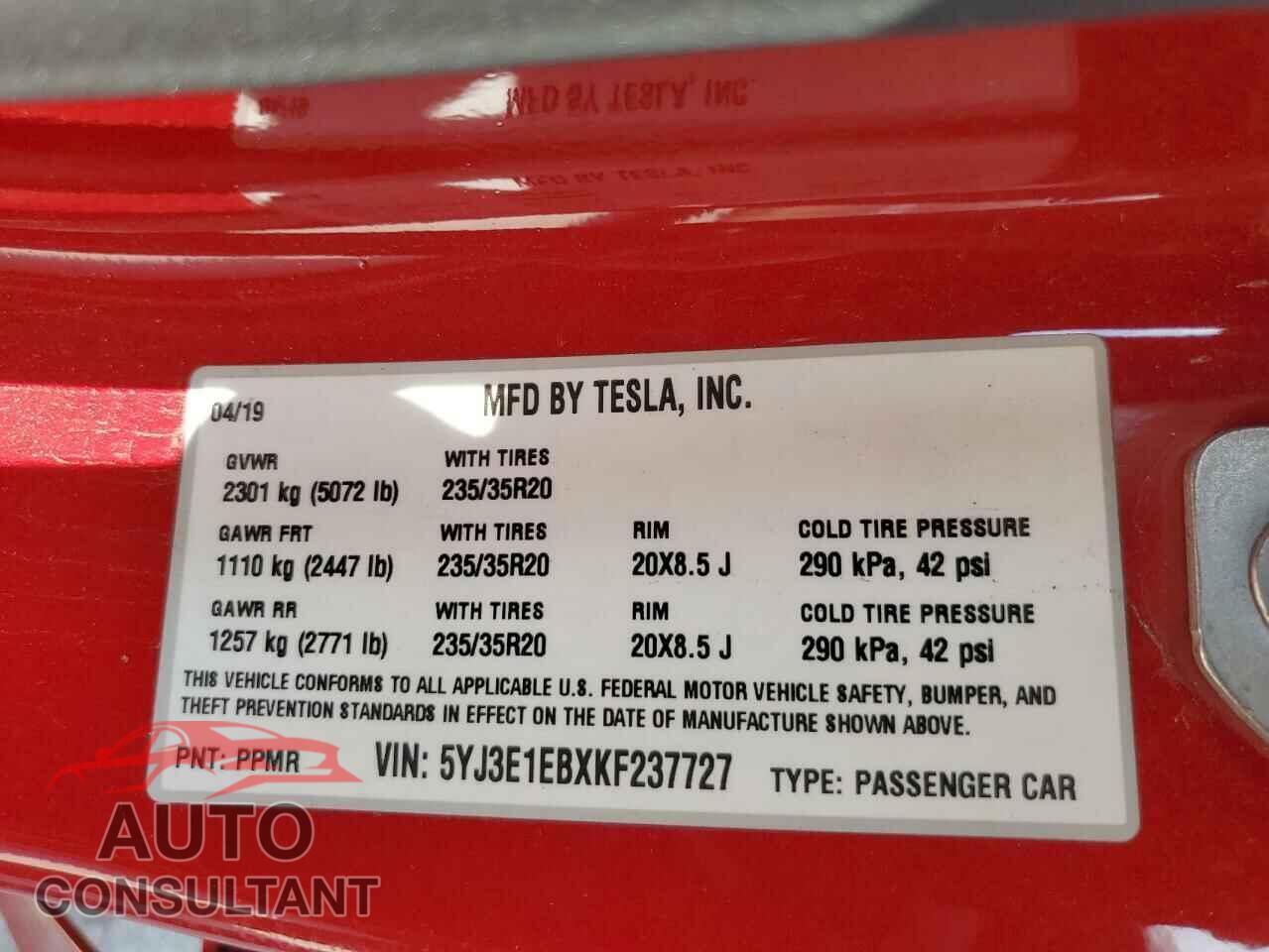 TESLA MODEL 3 2019 - 5YJ3E1EBXKF237727