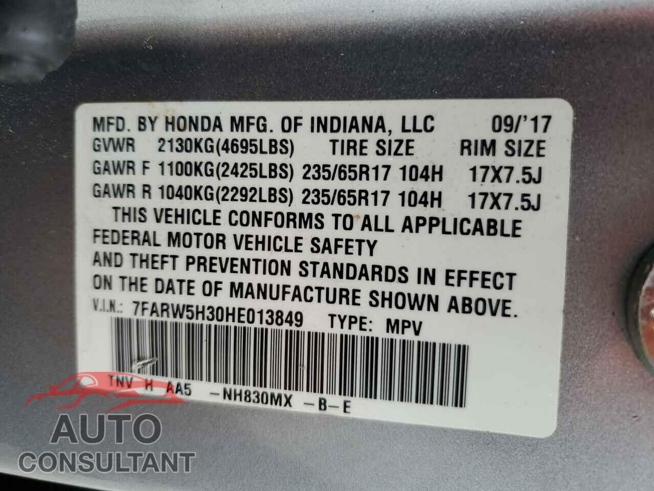 HONDA CRV 2017 - 7FARW5H30HE013849