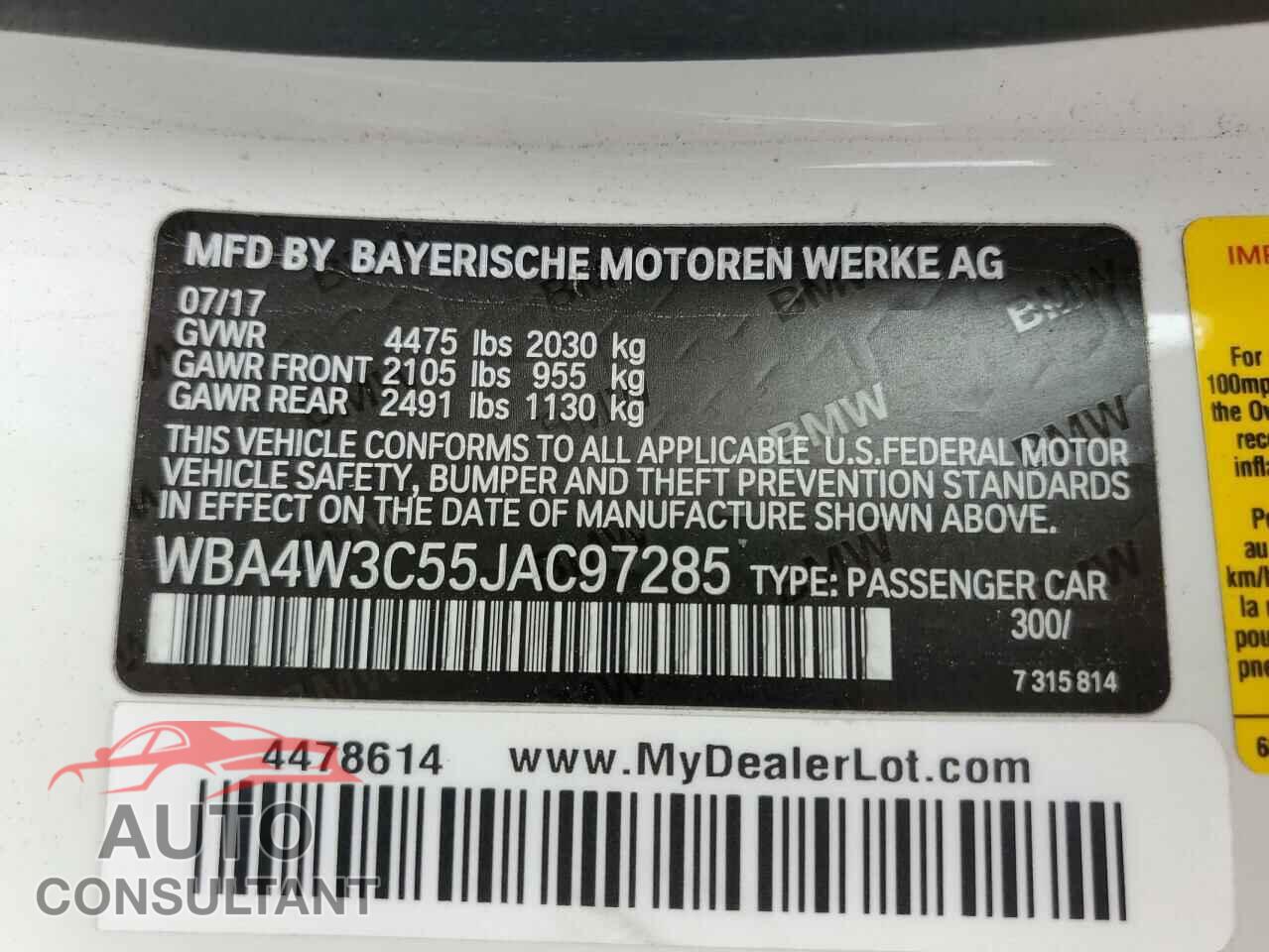 BMW 4 SERIES 2018 - WBA4W3C55JAC97285