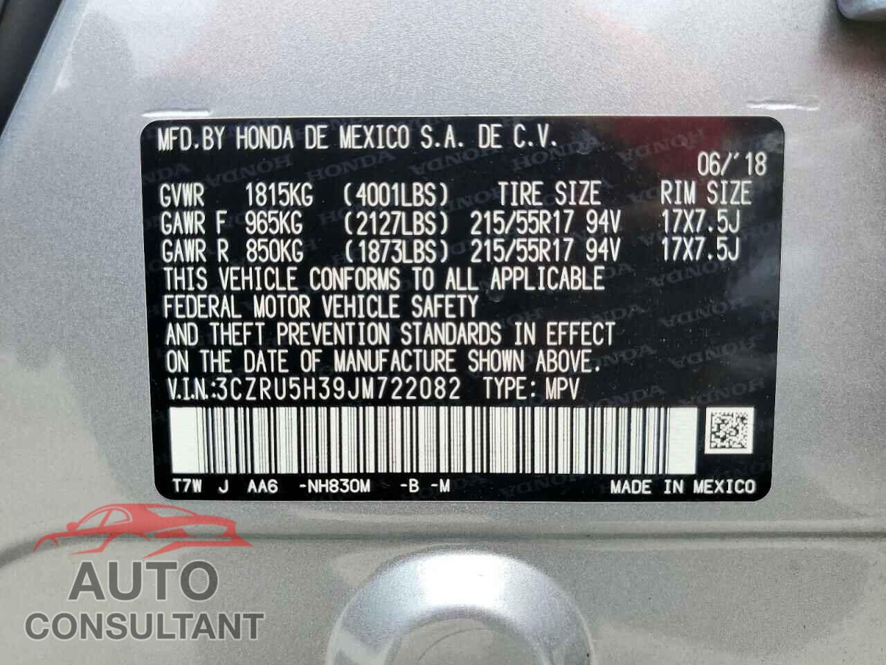 HONDA HR-V 2018 - 3CZRU5H39JM722082