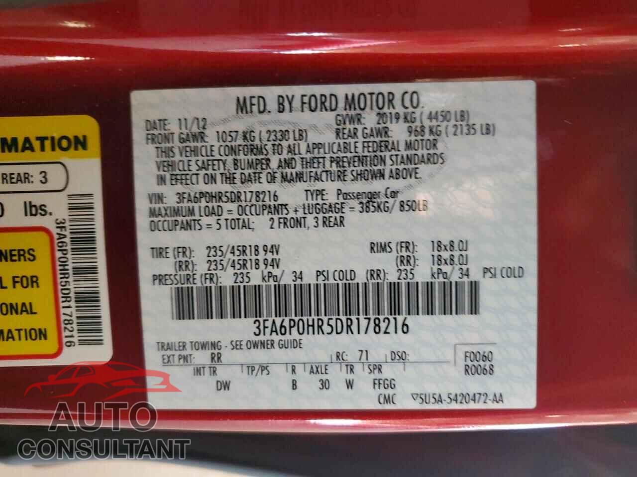 FORD FUSION 2013 - 3FA6P0HR5DR178216