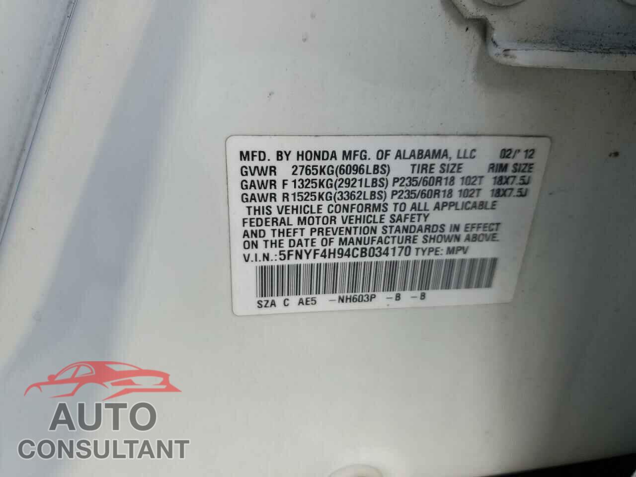 HONDA PILOT 2012 - 5FNYF4H94CB034170