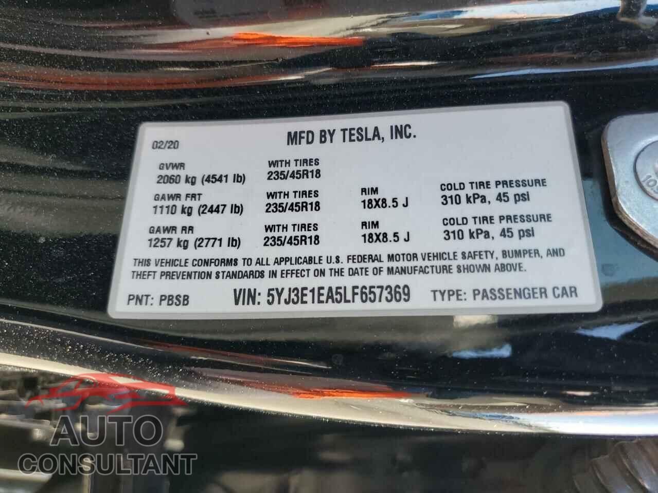 TESLA MODEL 3 2020 - 5YJ3E1EA5LF657369