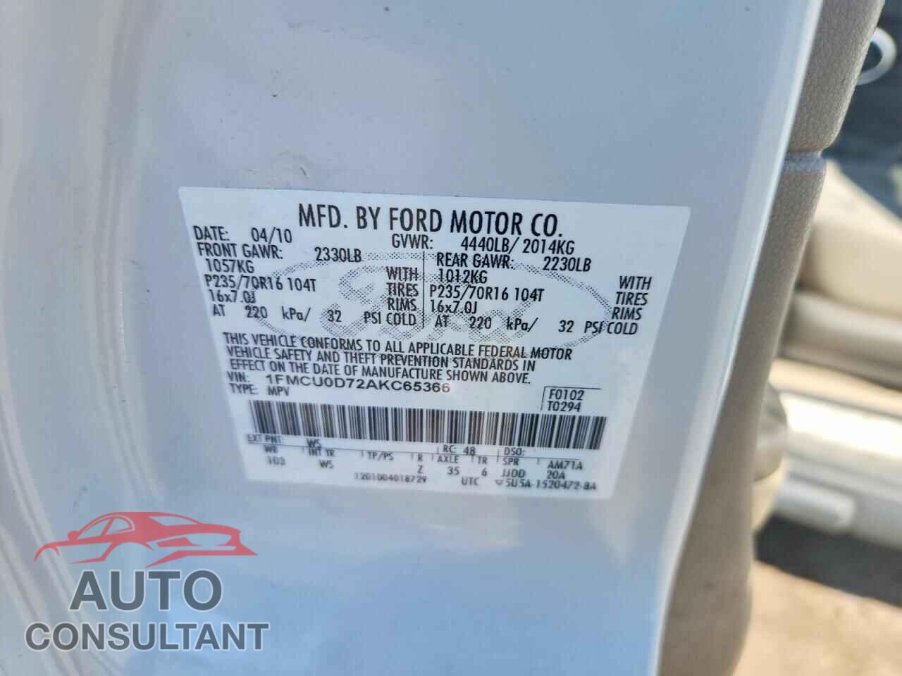 FORD ESCAPE 2010 - 1FMCU0D72AKC65366