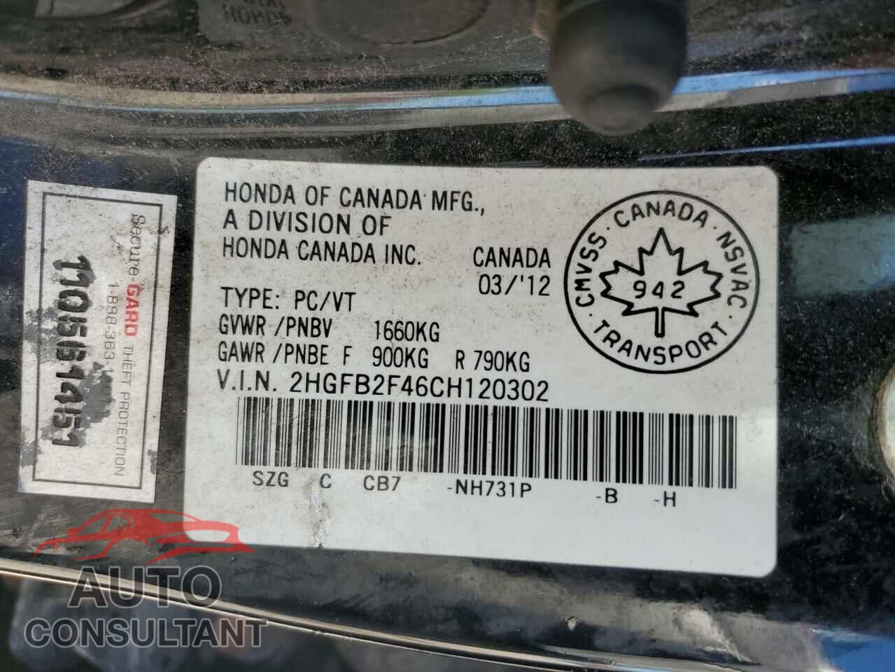 HONDA CIVIC 2012 - 2HGFB2F46CH120302
