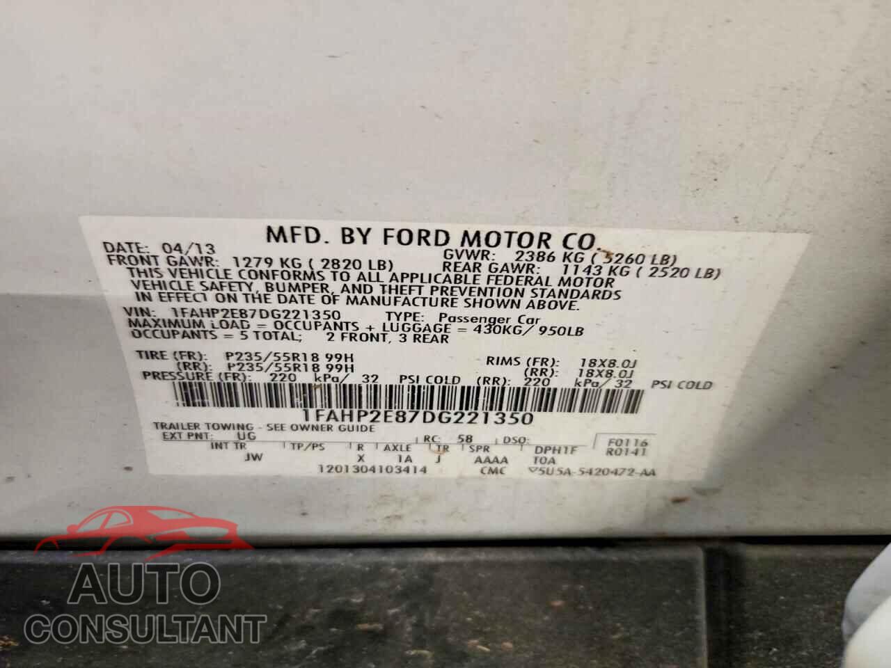 FORD TAURUS 2013 - 1FAHP2E87DG221350