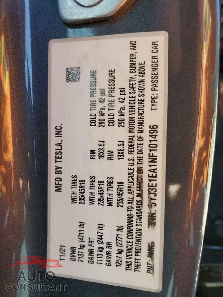 TESLA MODEL 3 2022 - 5YJ3E1EA1NF101496