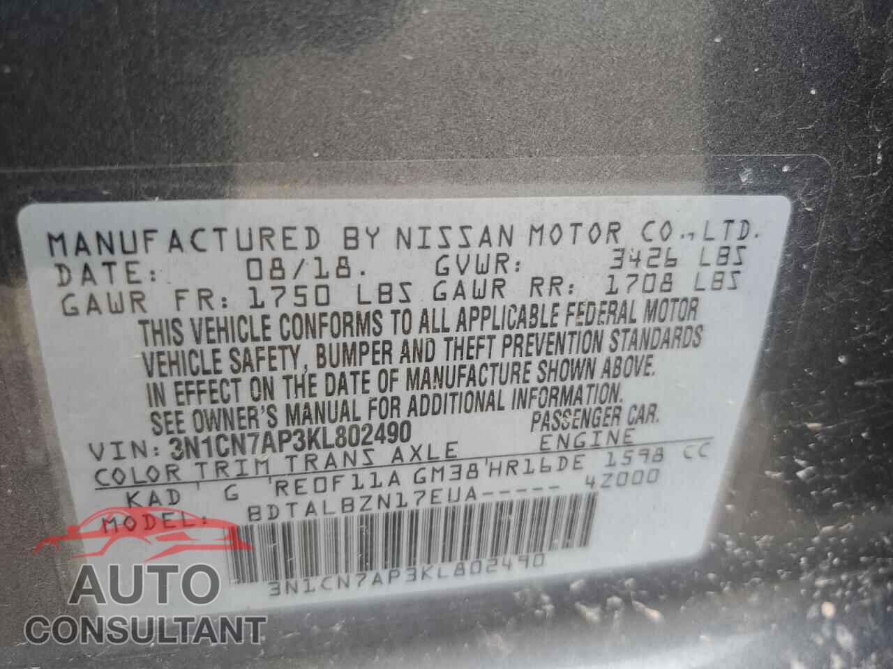 NISSAN VERSA 2019 - 3N1CN7AP3KL802490
