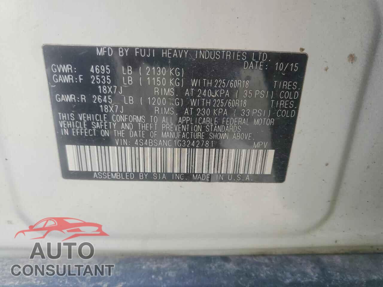 SUBARU OUTBACK 2016 - 4S4BSANC1G3242781