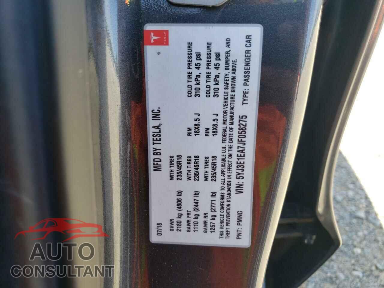 TESLA MODEL 3 2018 - 5YJ3E1EA7JF058275