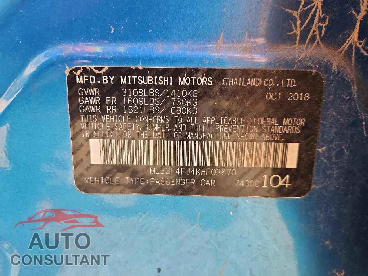 MITSUBISHI MIRAGE 2019 - ML32F4FJ4KHF03670