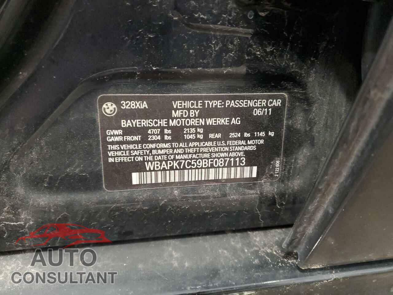 BMW 3 SERIES 2011 - WBAPK7C59BF087113