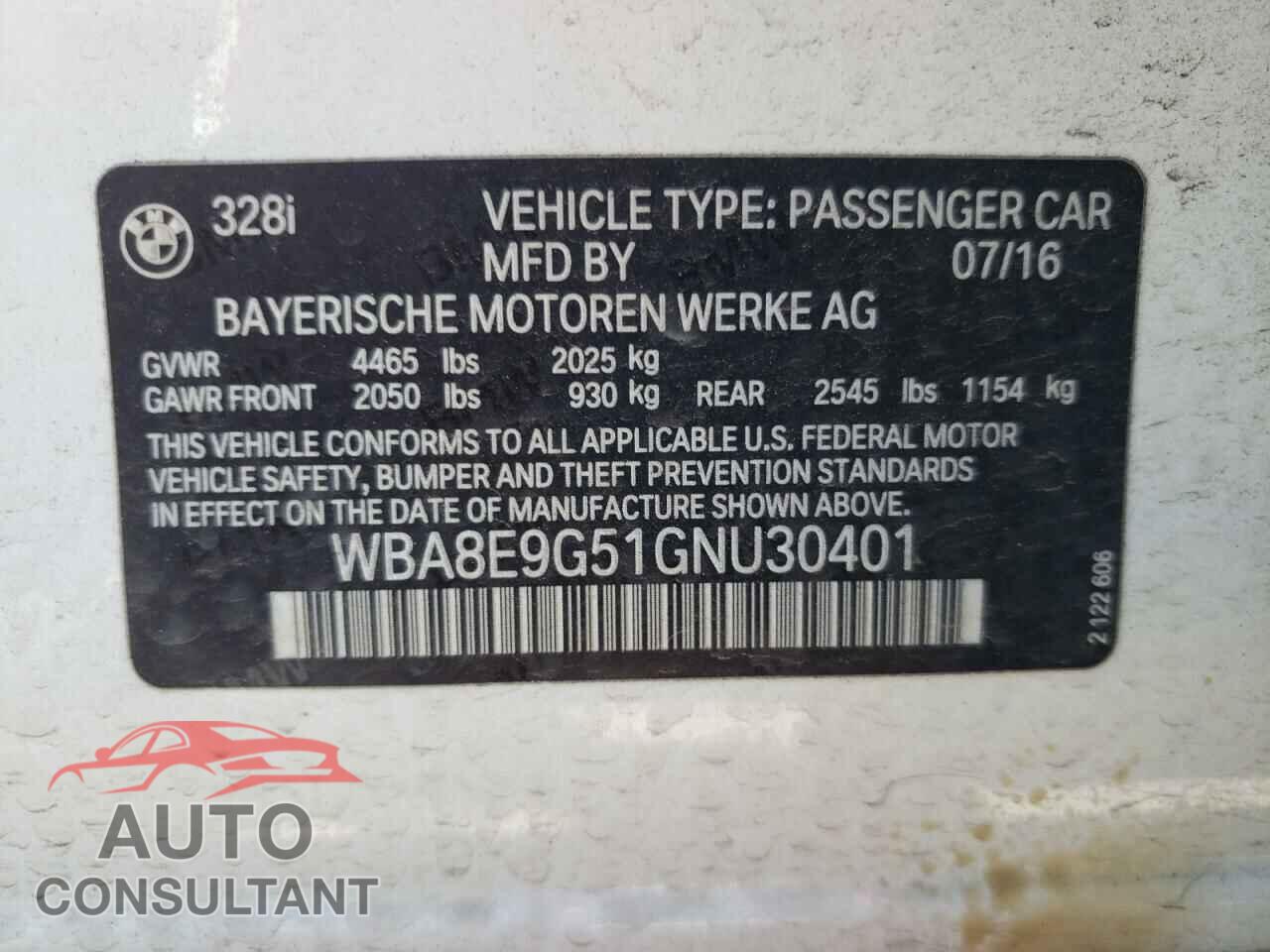 BMW 3 SERIES 2016 - WBA8E9G51GNU30401