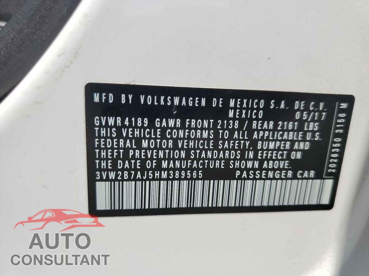 VOLKSWAGEN JETTA 2017 - 3VW2B7AJ5HM389565