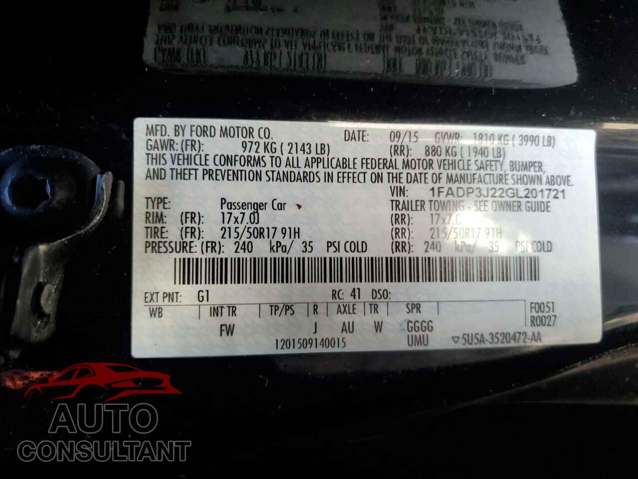 FORD FOCUS 2016 - 1FADP3J22GL201721