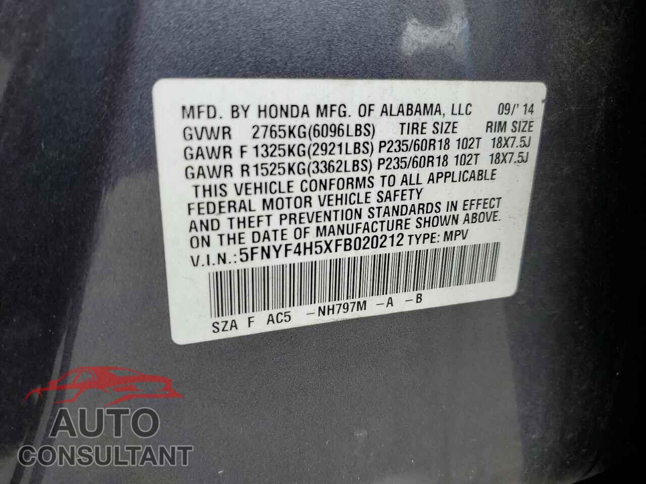HONDA PILOT 2015 - 5FNYF4H5XFB020212