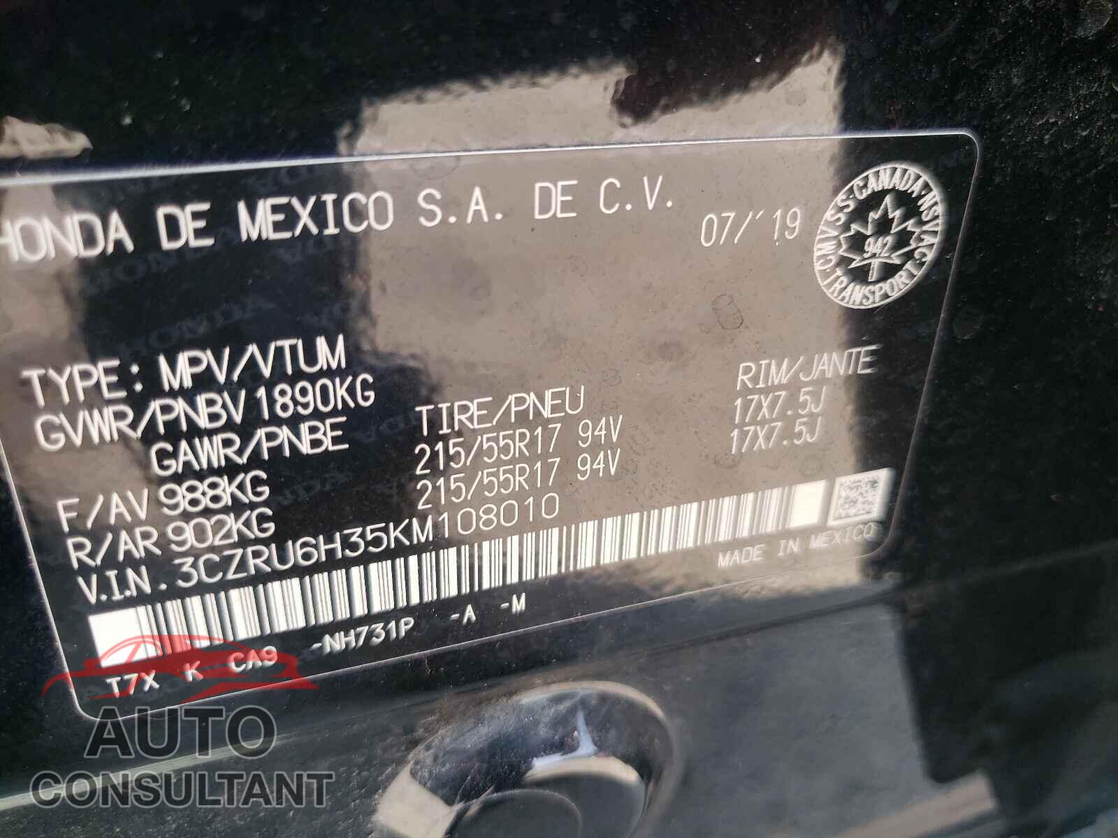 HONDA HR-V 2019 - 3CZRU6H35KM108010