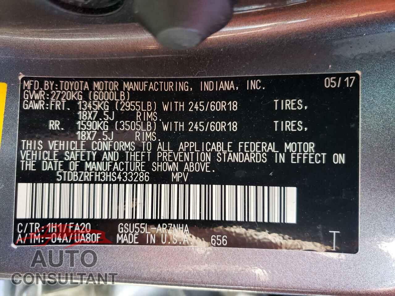 TOYOTA HIGHLANDER 2017 - 5TDBZRFH3HS433286
