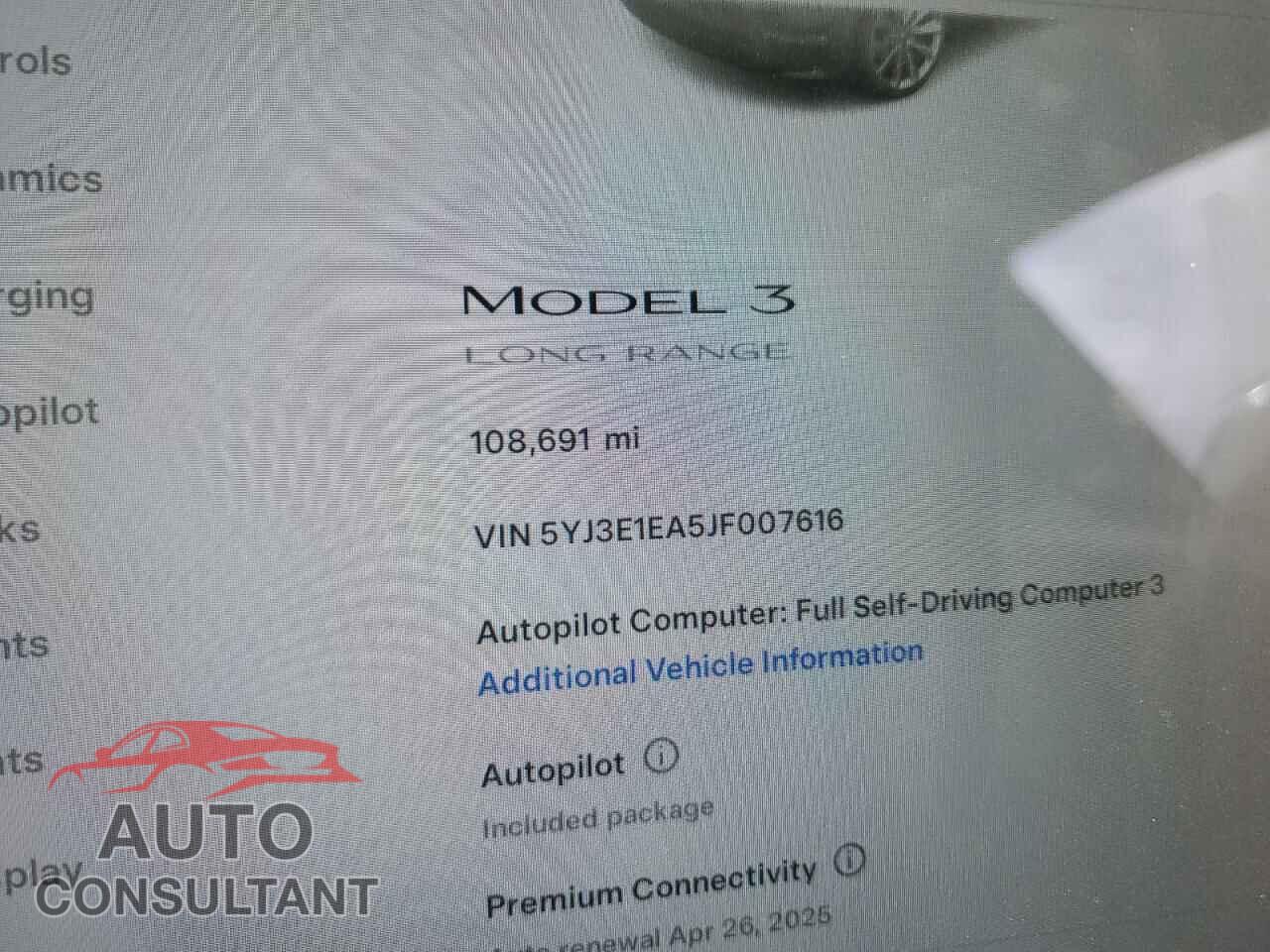 TESLA MODEL 3 2018 - 5YJ3E1EA5JF007616