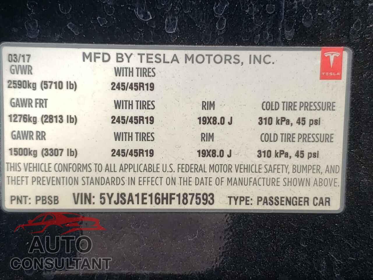 TESLA MODEL S 2017 - 5YJSA1E16HF187593