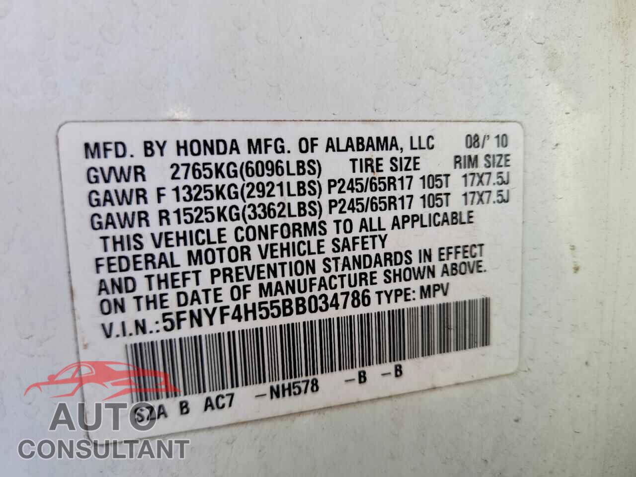 HONDA PILOT 2011 - 5FNYF4H55BB034786