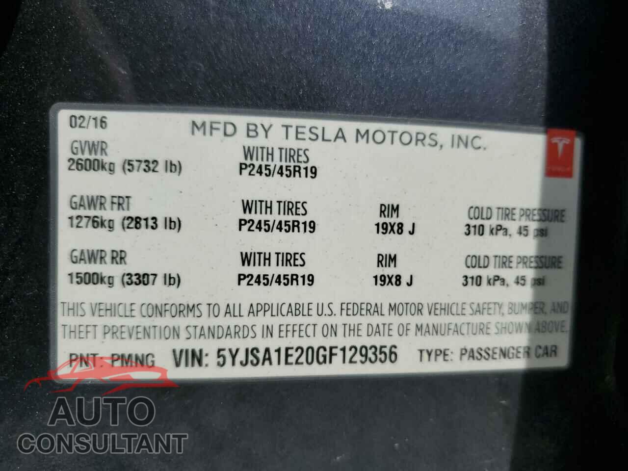 TESLA MODEL S 2016 - 5YJSA1E20GF129356