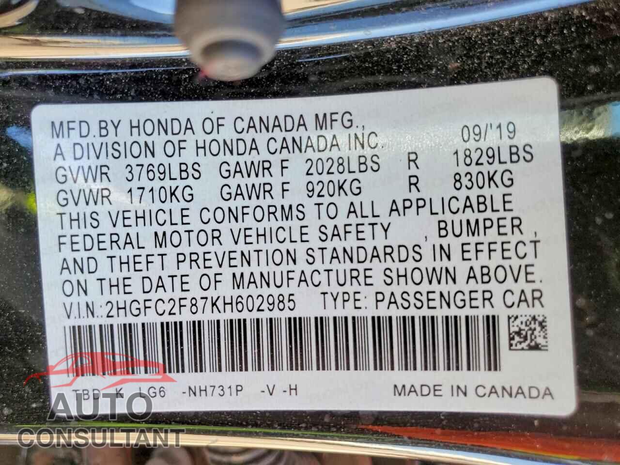 HONDA CIVIC 2019 - 2HGFC2F87KH602985