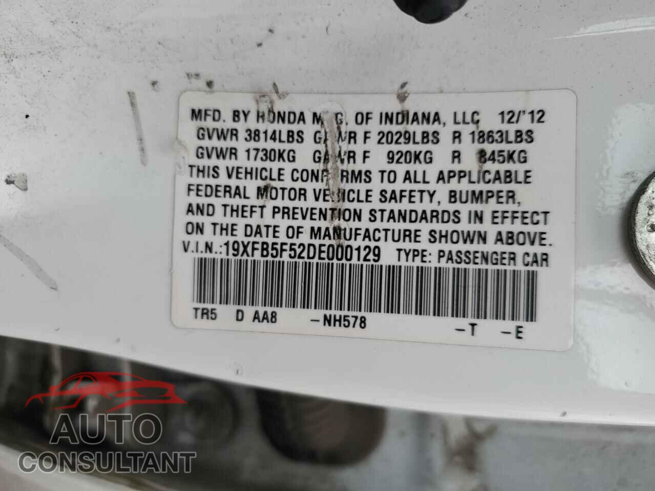 HONDA CIVIC 2013 - 19XFB5F52DE000129