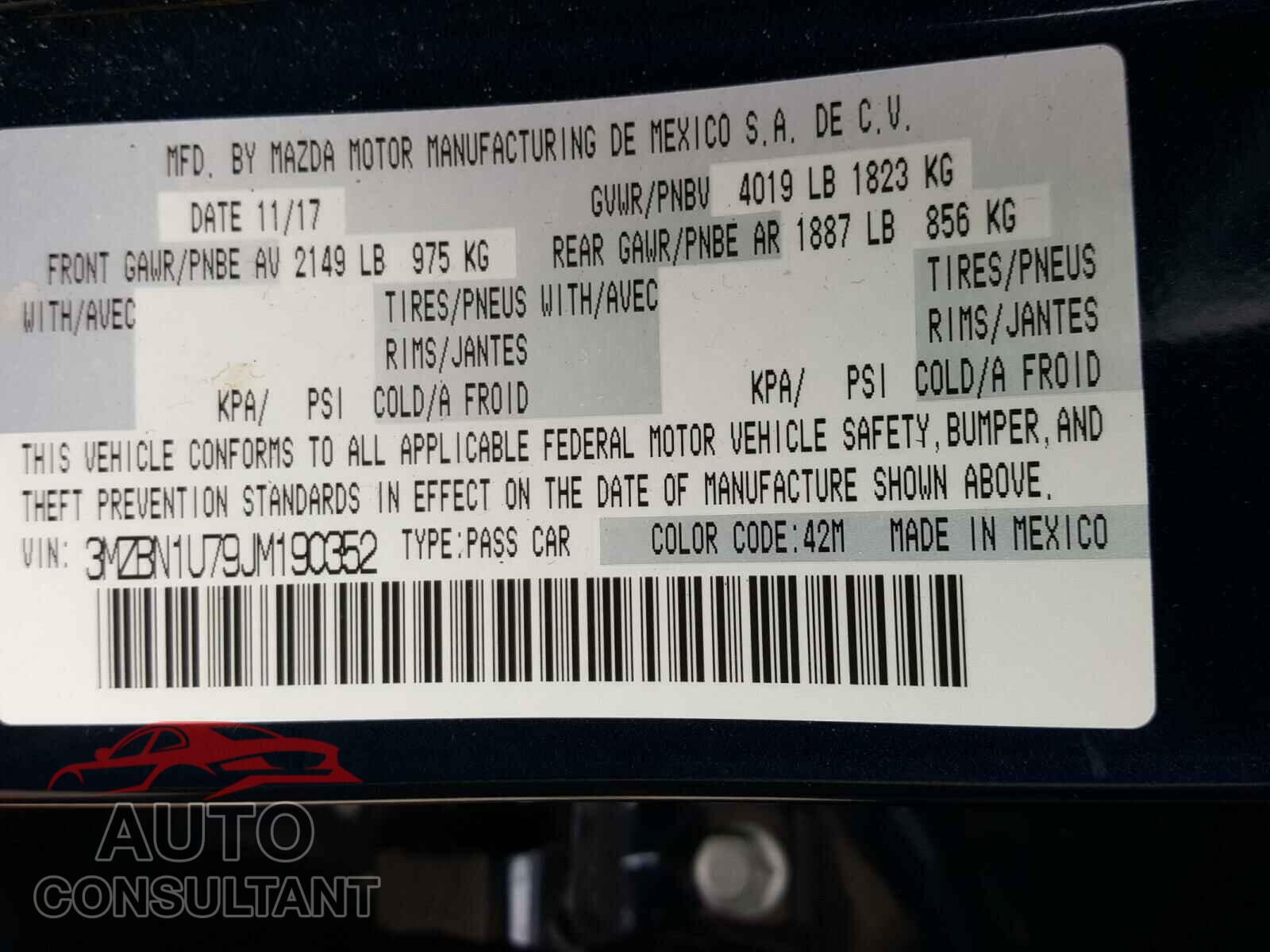 MAZDA 3 2018 - 3MZBN1U79JM190352