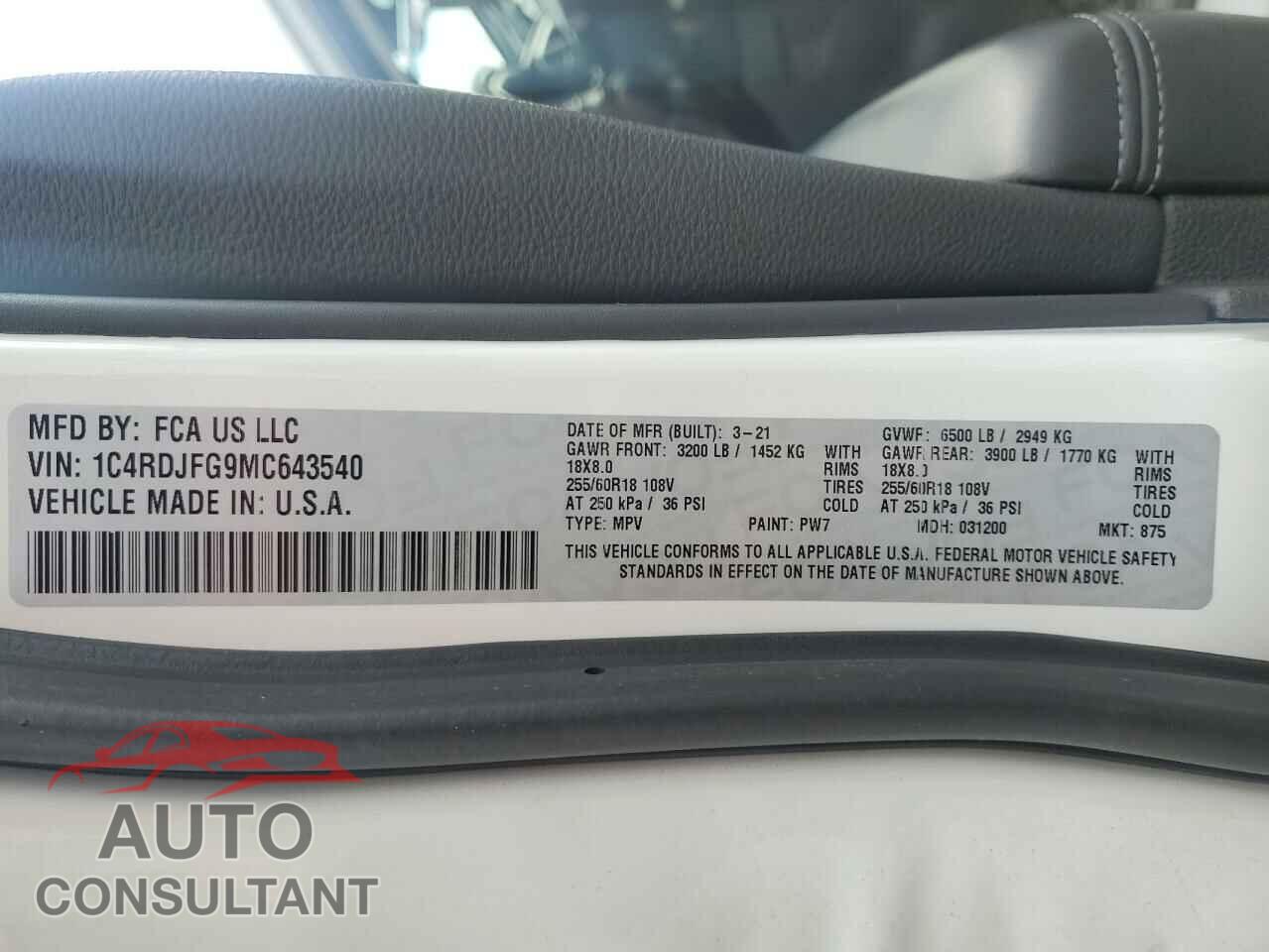 DODGE DURANGO 2021 - 1C4RDJFG9MC643540