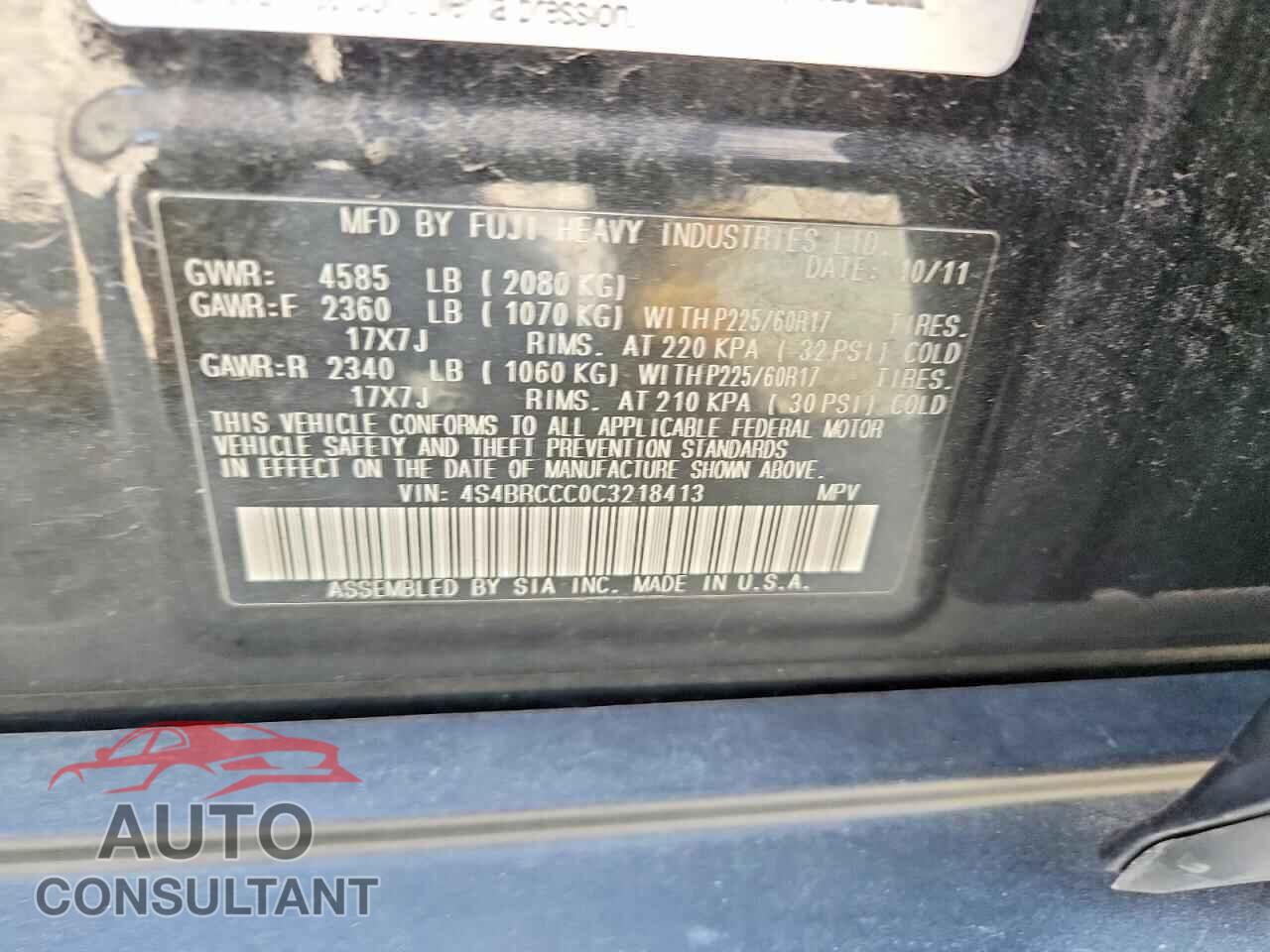 SUBARU OUTBACK 2012 - 4S4BRCCC0C3218413