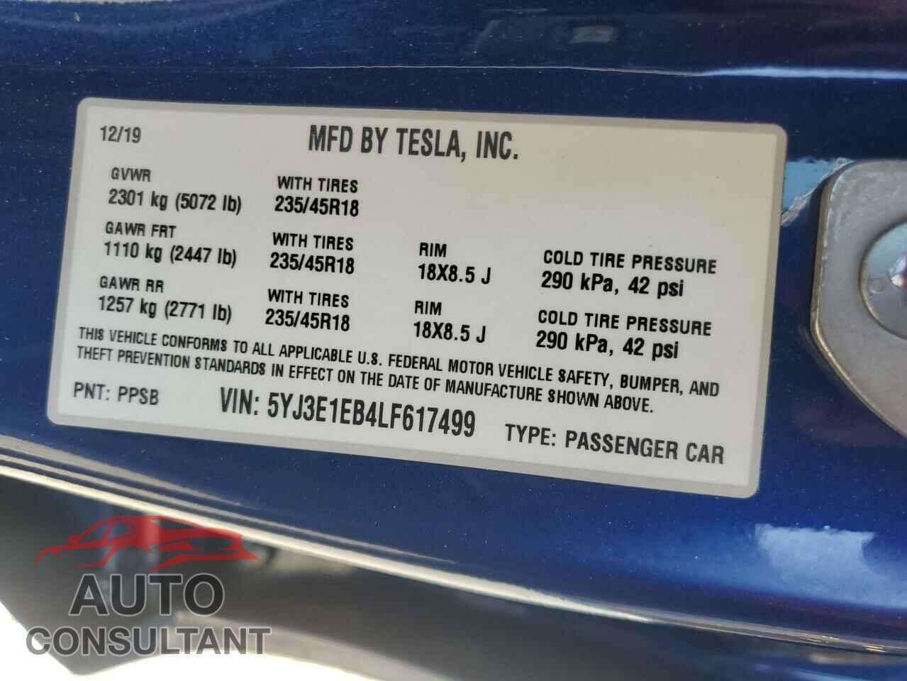 TESLA MODEL 3 2020 - 5YJ3E1EB4LF617499