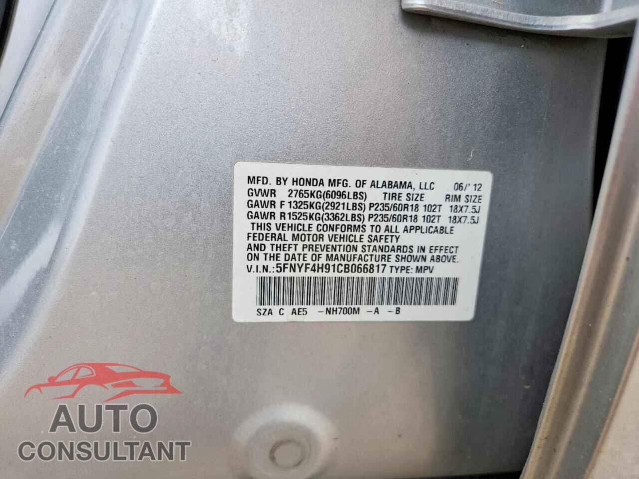 HONDA PILOT 2012 - 5FNYF4H91CB066817