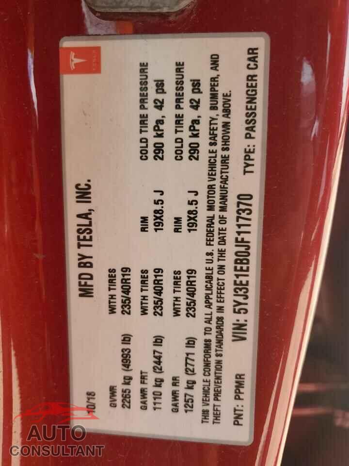 TESLA MODEL 3 2018 - 5YJ3E1EB0JF117370