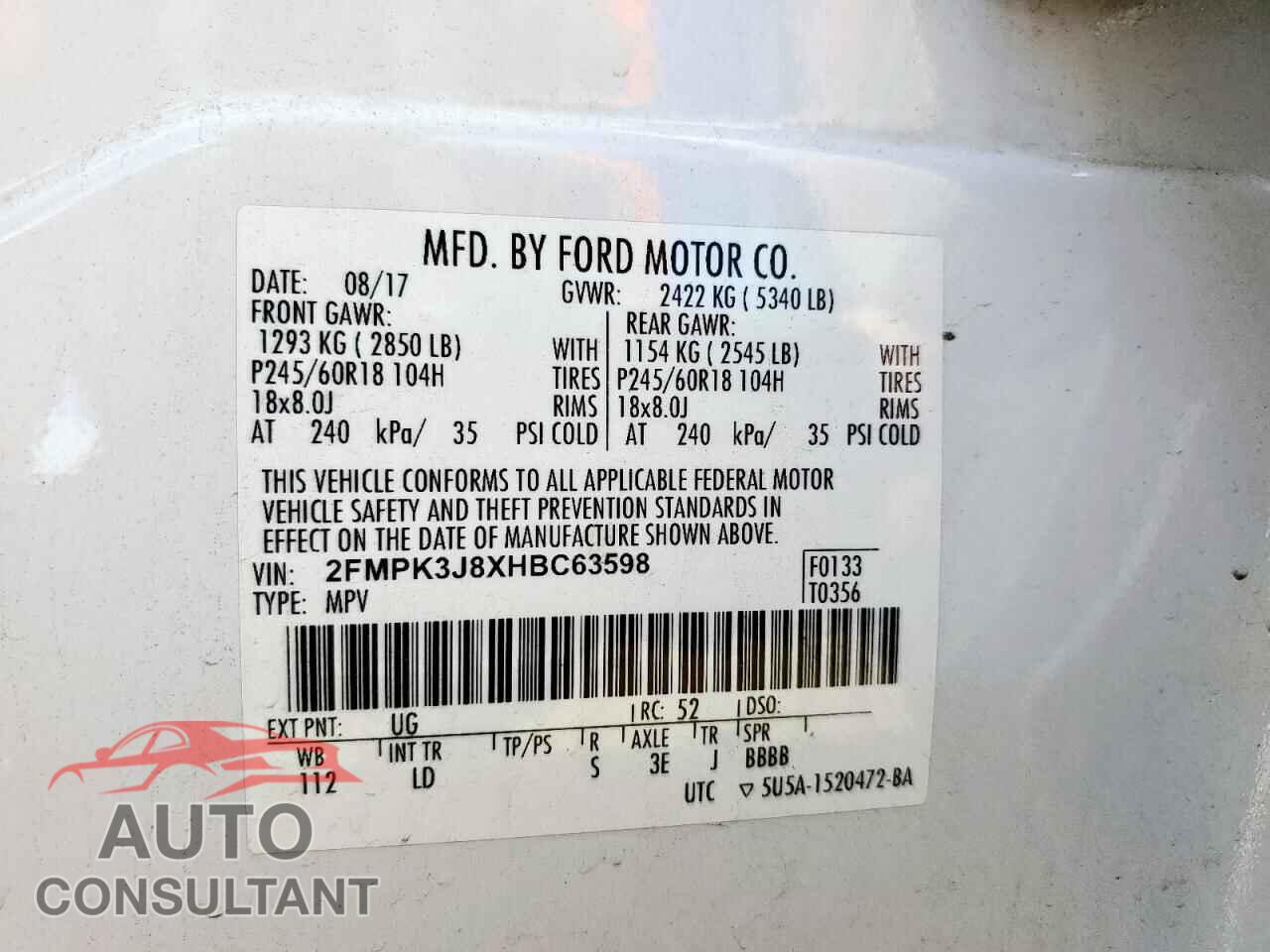 FORD EDGE 2017 - 2FMPK3J8XHBC63598