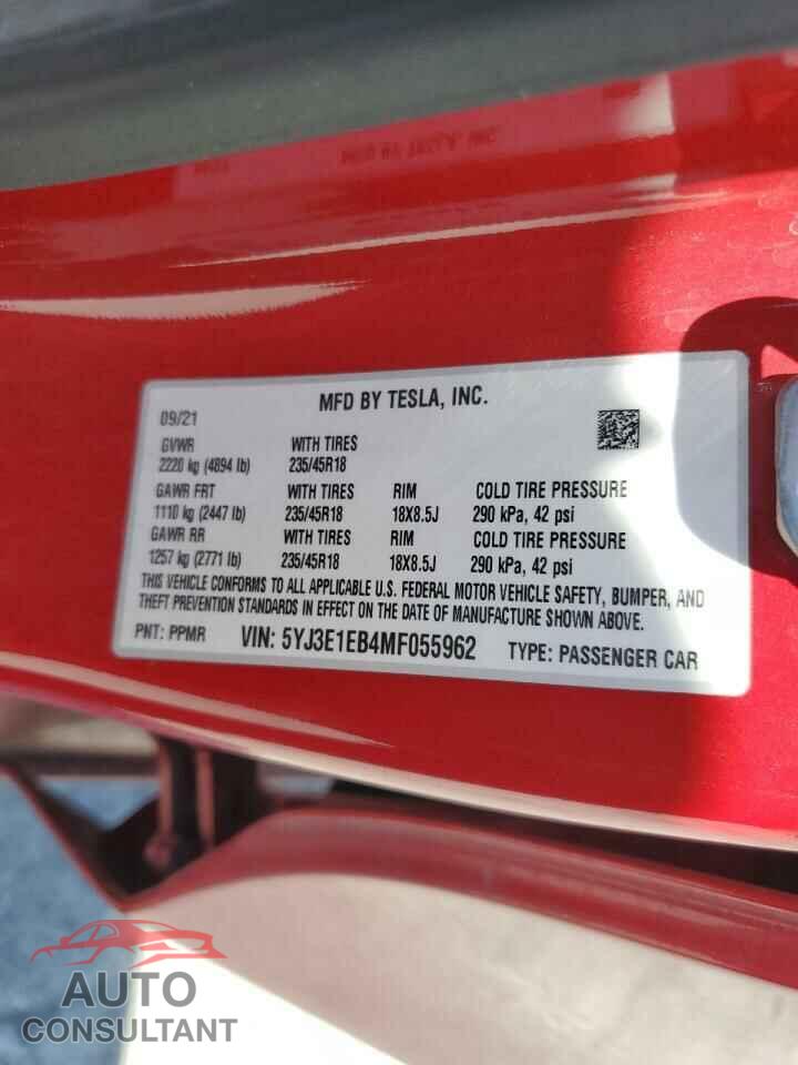TESLA MODEL 3 2021 - 5YJ3E1EB4MF055962