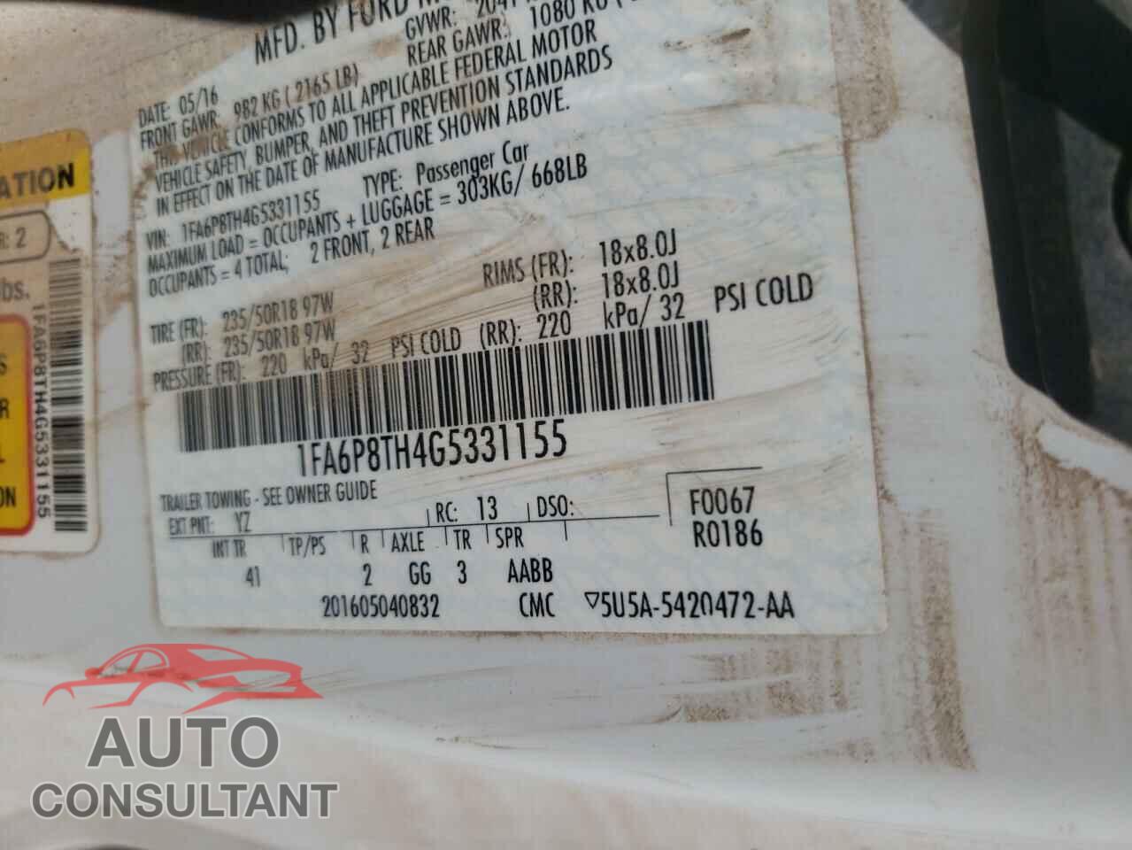 FORD MUSTANG 2016 - 1FA6P8TH4G5331155