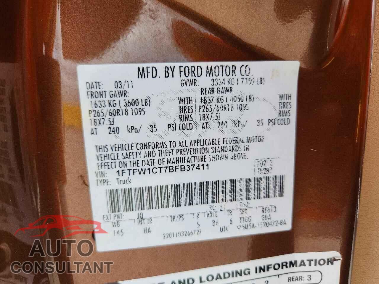 FORD F150 2011 - 1FTFW1CT7BFB37411