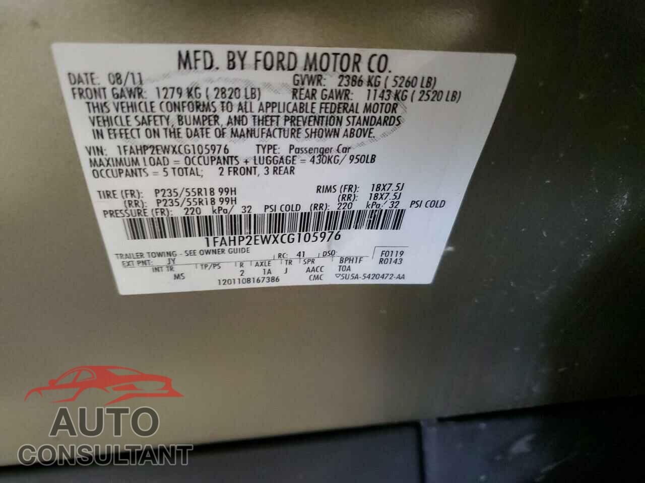 FORD TAURUS 2012 - 1FAHP2EWXCG105976