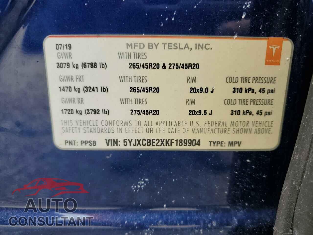 TESLA MODEL X 2019 - 5YJXCBE2XKF189904