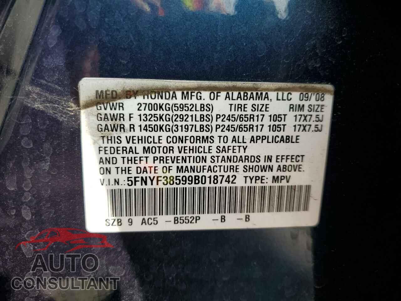 HONDA PILOT 2009 - 5FNYF38599B018742