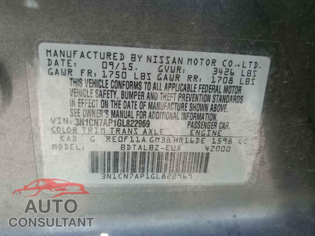 NISSAN VERSA 2016 - 3N1CN7AP1GL822969