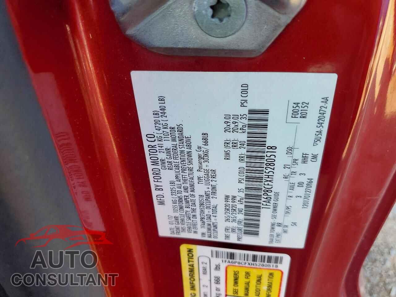FORD MUSTANG 2017 - 1FA6P8CFXH5280518