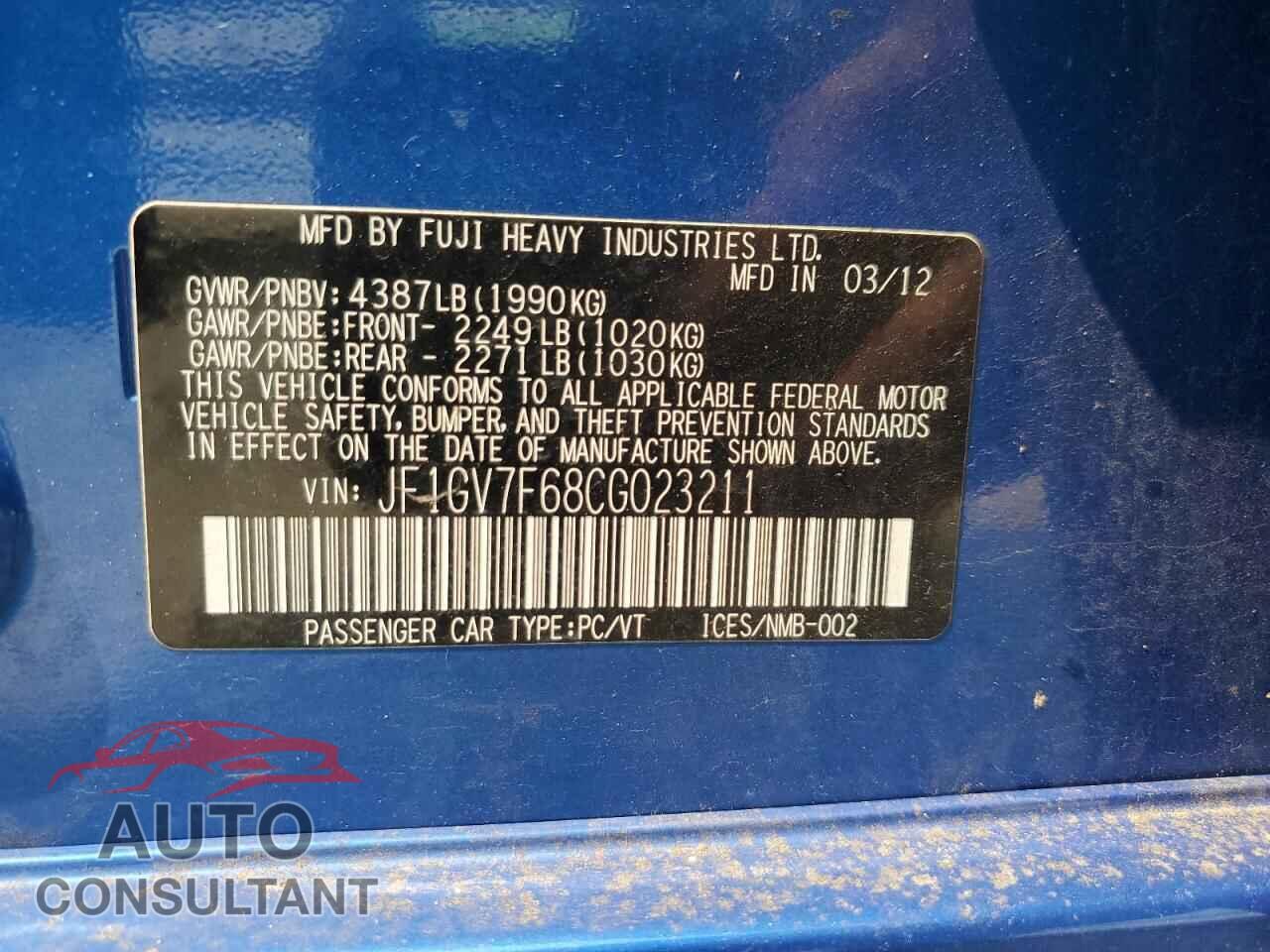 SUBARU WRX 2012 - JF1GV7F68CG023211