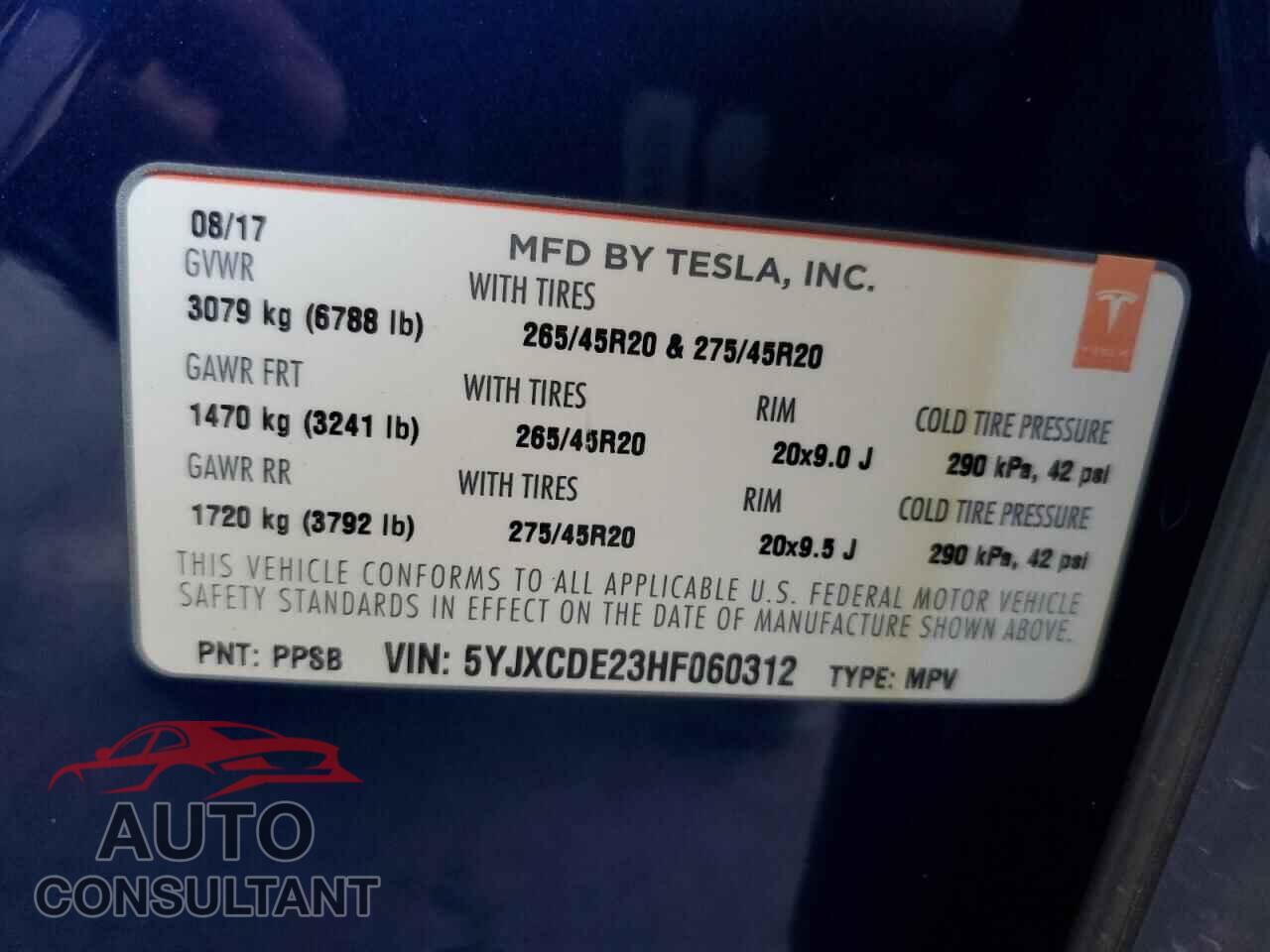 TESLA MODEL X 2017 - 5YJXCDE23HF060312