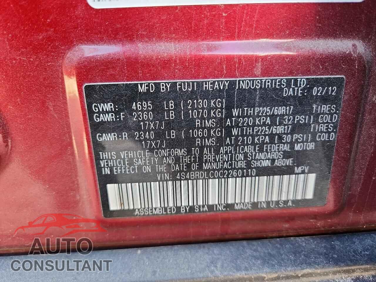 SUBARU OUTBACK 2012 - 4S4BRDLC0C2260110
