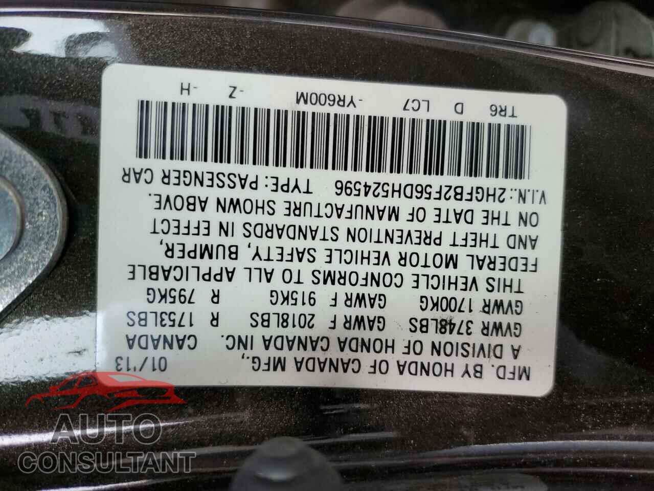 HONDA CIVIC 2013 - 2HGFB2F56DH524596