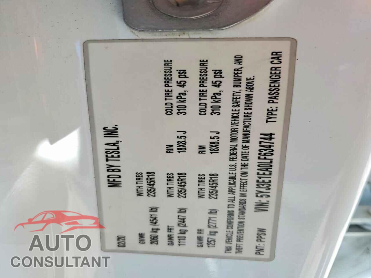 TESLA MODEL 3 2020 - 5YJ3E1EA0LF634744