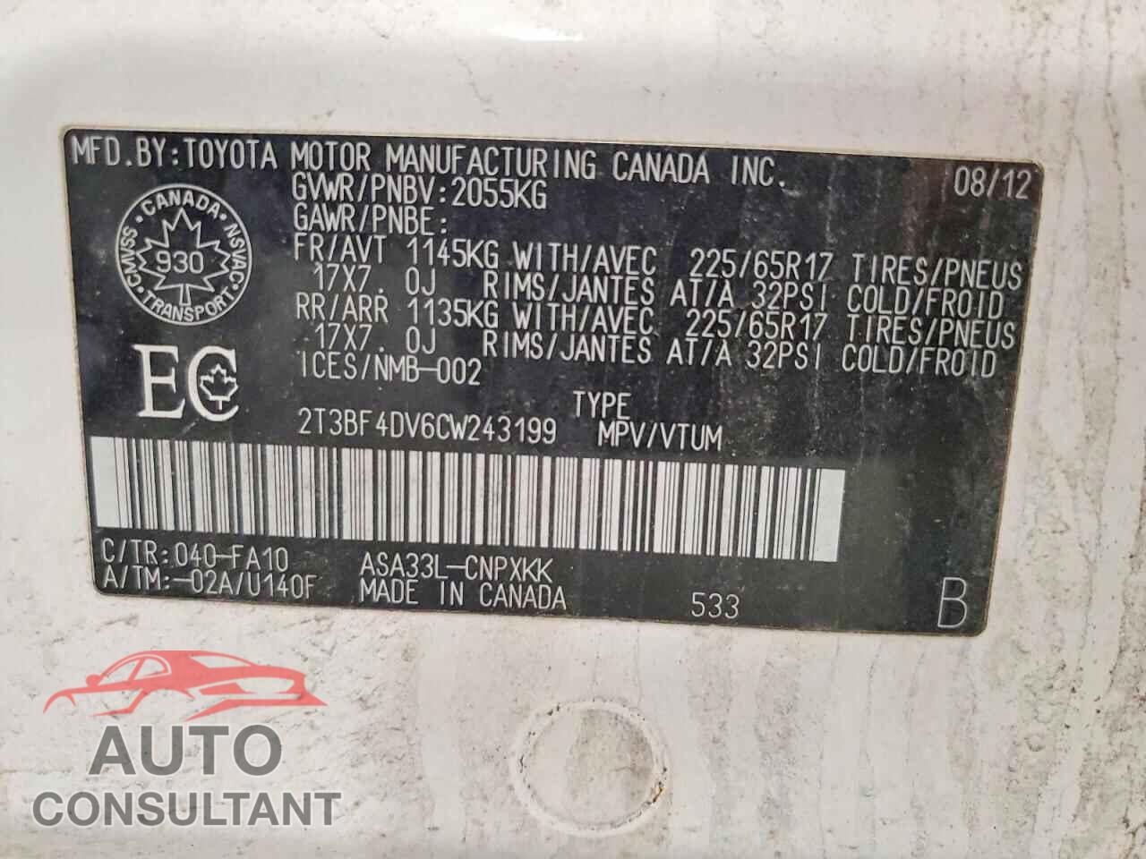TOYOTA RAV4 BASE 2012 - 2T3BF4DV6CW243199
